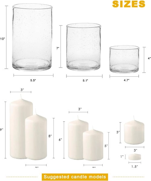 ARIAMOTION Hurricane Candle Holders - Hand Blown Glass Cylinder Vases | Clear Seeded Bubbles - Set of 3 (10", 7", 4")