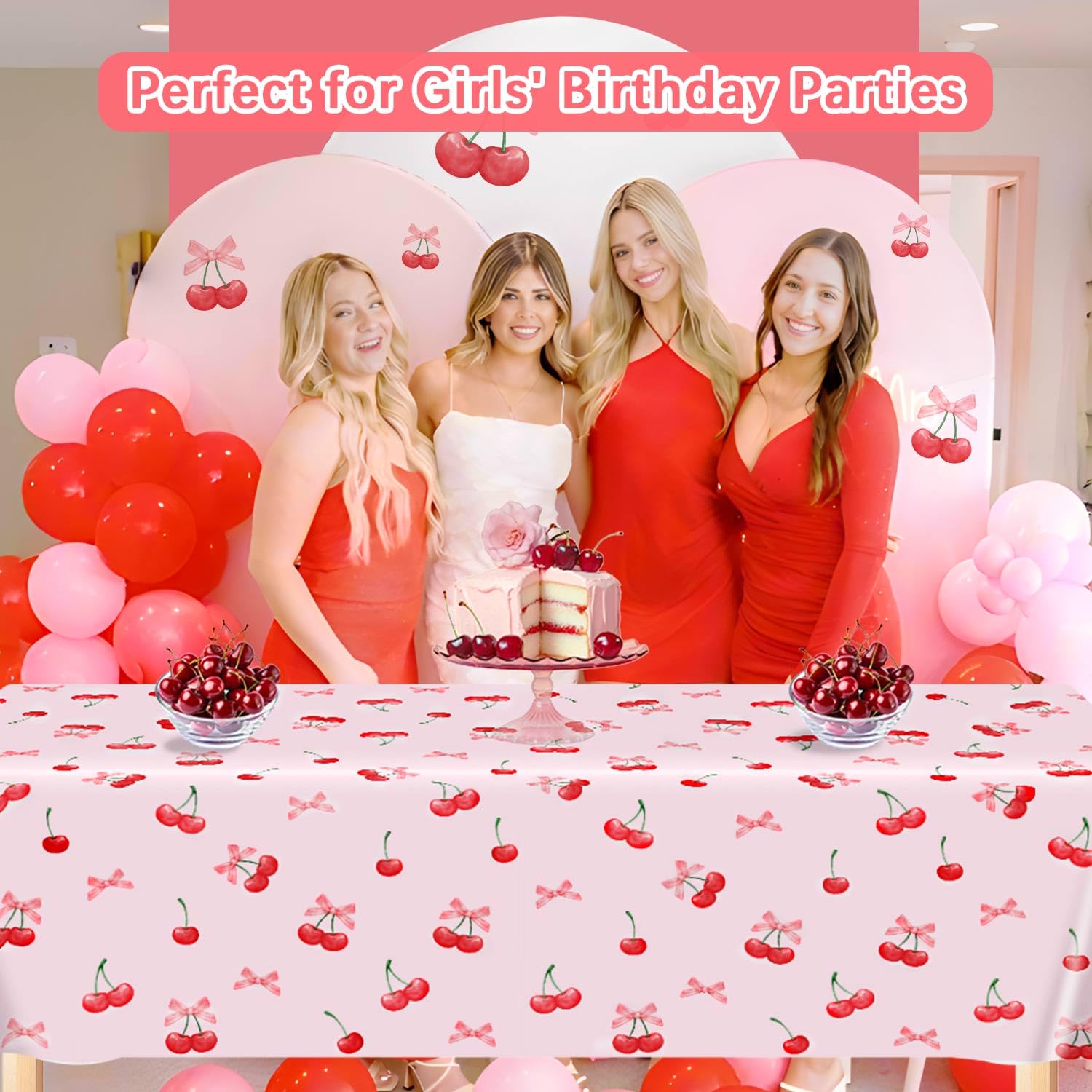3pcs Cherry Birthday Decorations Tablecloths, Large Size Cherry and Bows Birthday Decorations Table Cloth for Cherries Themed Party, 54 x 108 Inch