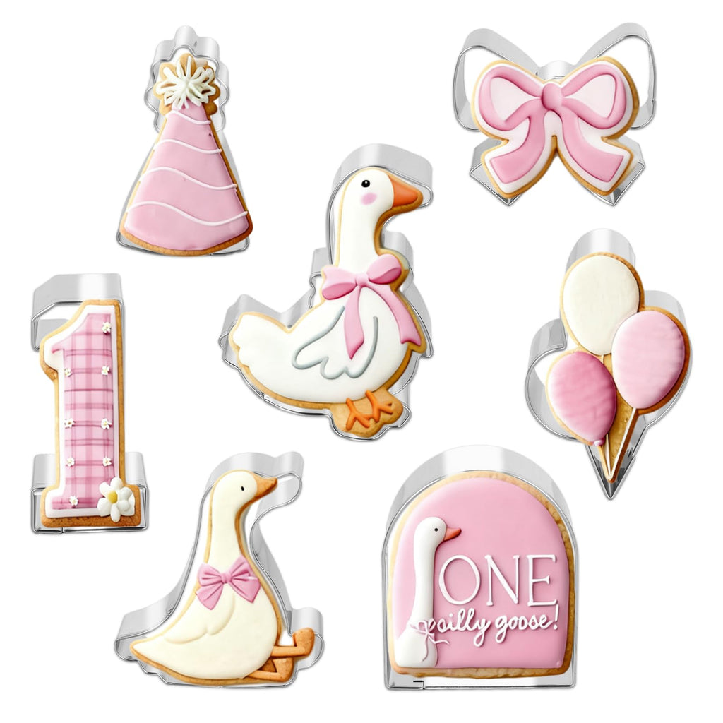 JarThenaAMCS 7Pcs One Silly Goose Baby Shower Cookie Cutters Set Biscuit Cutter Cute Goose Bow Birthday Hat Stainless Steel Cookie Cutting Molds for First Birthday Supplies