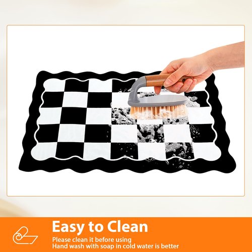 CQKEDMA Scalloped Checkered Dish Drying Mats for Kitchen Counter, Cute Coffee Mat, Absorbent, Non-Slip Rubber, Kitchen Decor (12"x19", Black)