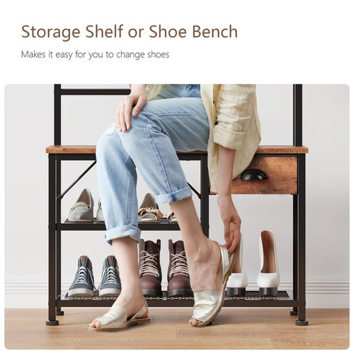 Furologee Coat Rack, Hall Tree with Bench and Shoe Storage, 4 in 1 Entryway Bench, Coat Rack with 3 Shelves and Drawer, Entryway Organizer with 5 Hooks for Hanging, Rustic Brown