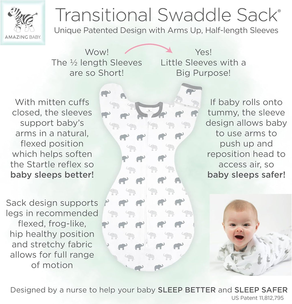 Skiennix Baby Swaddle Sack - Transitional Design with Arms Up Sleeves & Mitten Cuffs | Small, 0-3 Months, On Safari