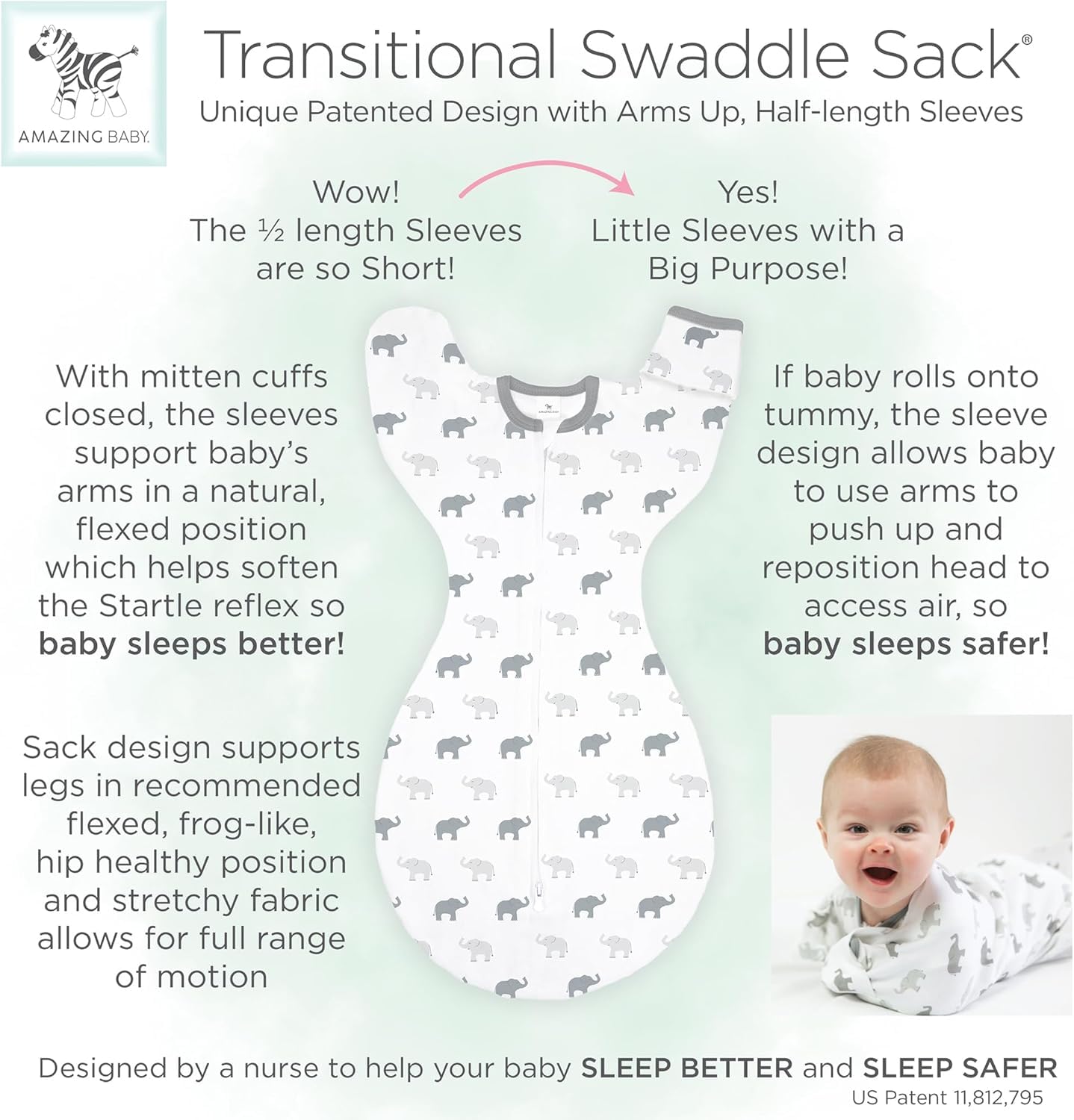 Skiennix Baby Swaddle Sack - Transitional Design with Arms Up Sleeves & Mitten Cuffs | Small, 0-3 Months, On Safari