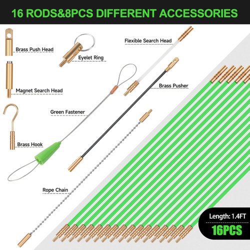 FTIHTRY 22FT Fiberglass Electrical Wire Pulling Rods - Complete Kit with 8 Attachments & Fish Tape