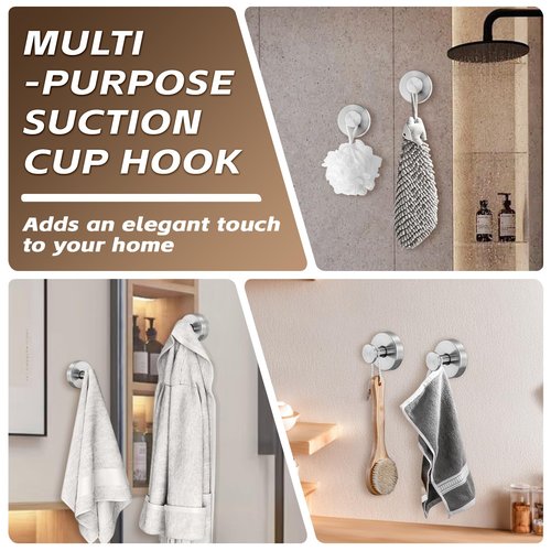 Supopular Reusable Heavy Duty Suction Cup Hooks for Kitchen/Bathroom/Shower - Wet-Proof Hooks for Towels, Robes, Loofah&Wreaths/No Drill Mounting on Glass, Tile, Metal (2, Brushed Nickel)