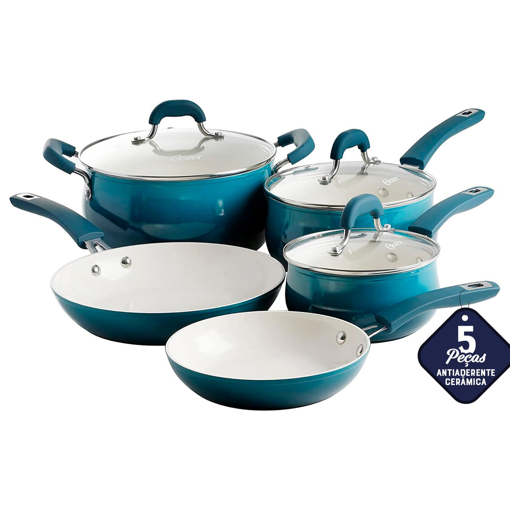 Oster Corbett 8 pc Gradient Teal Forged Aluminum Cookware Set With Ceramic Non-stick - Induction Base - Soft Touch Bakelite Handle and Tempered Glass Lids