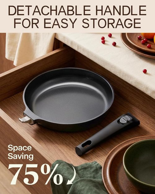 USELUCK 9.5 Inch Nonstick Frying Pan with Detachable Handle, Non Toxic Ceramic Skillet for Cooking, Induction Cookware with Removable Handle, Dishwasher & Oven Safe, PFAS PFOA & PTFE Free, Black