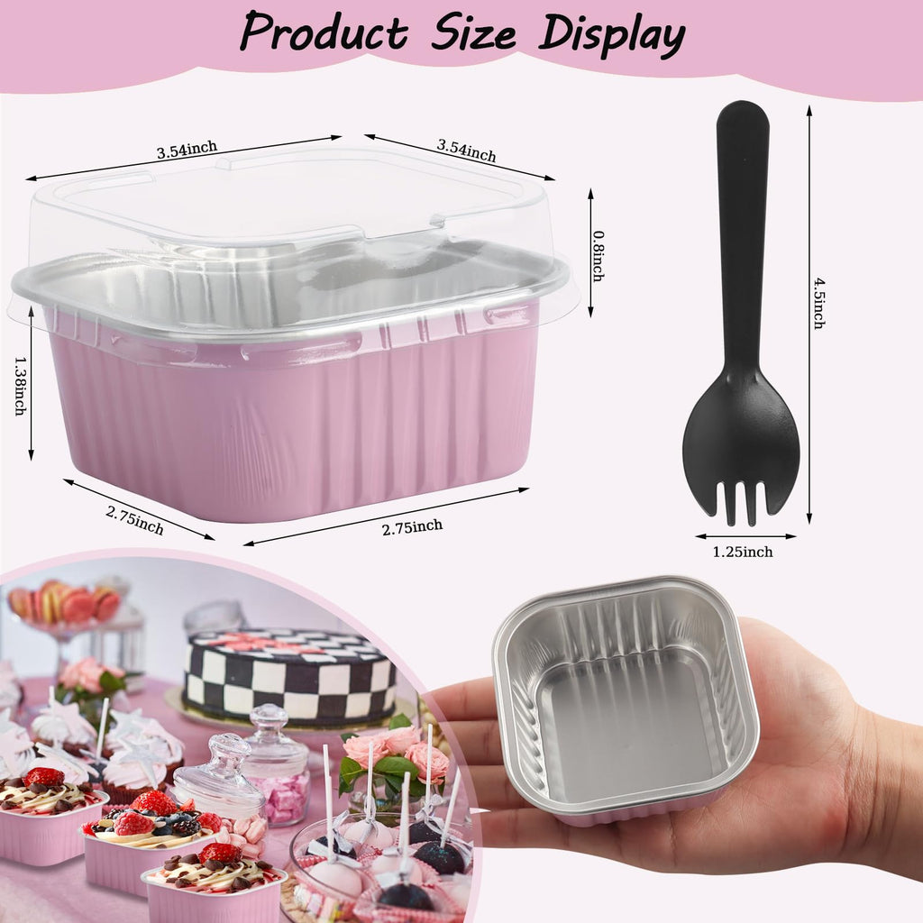 CXIIPOL 60 Pack Mini Square Cake Pans with lids and Spoons, 5 OZ Pink Disposable Ramekins Cake Pans, 3.5x3.5 Inch Aluminum Foil Baking Cups for Mother's Day, New Year, Anniversaries, Birthdays