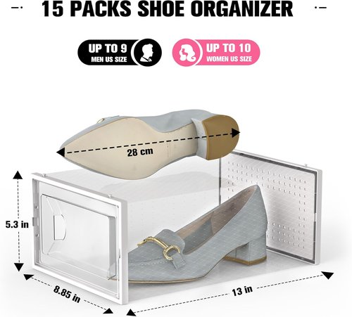 Kuject Shoe Storage Boxes - 15 Pack Large Clear Stackable Organizers for Closet | Drop Front Design, Fits Size 10 (White)