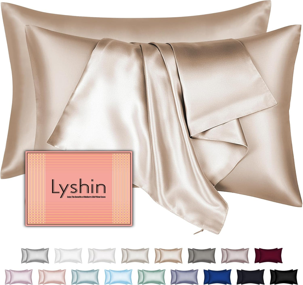 Skiennix Mulberry Silk Pillowcases - 2 Pack Standard Size with Hidden Zipper | Soft, Breathable & Cooling, Champagne
