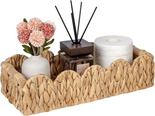 Kriitools Wicker Bathroom Basket - Scalloped Organizer for Toilet Paper | Small Rattan Decor in Natural Water Hyacinth