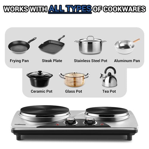 Double Burner, CUSIMAX 1800 Watts Electric Hot Plate for Cooking, Countertop Burner Portable Cast Iron Hot Plates with Dual Adjustable Temperature, Easy to Clean, Sliver