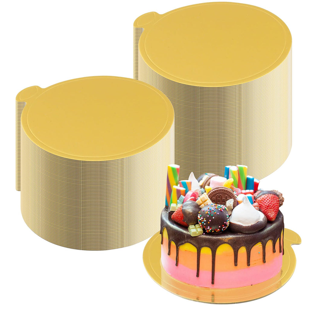 zsccxq 100 Pcs 4 Inch Mini Cake Boards Round Golden Mousse Cake Boards Disposable Cardboard Plate Round Coated Cakeboard for Kitchen Baking Caking Pizza Dessert Cupcake Tray (4 Inch)