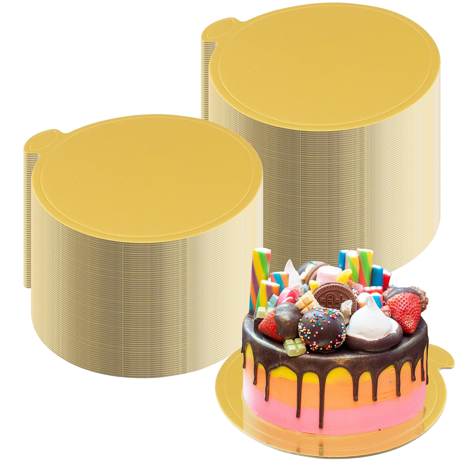zsccxq 100 Pcs 4 Inch Mini Cake Boards Round Golden Mousse Cake Boards Disposable Cardboard Plate Round Coated Cakeboard for Kitchen Baking Caking Pizza Dessert Cupcake Tray (4 Inch)