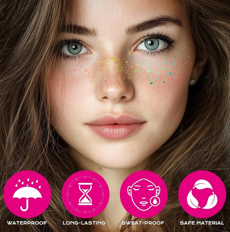 TEIHWAL 8 PCS Holographic Glitter Freckles Face Tattoo Stickers, Waterproof Rainbow Sparkle Makeup Patches for Music Festivals