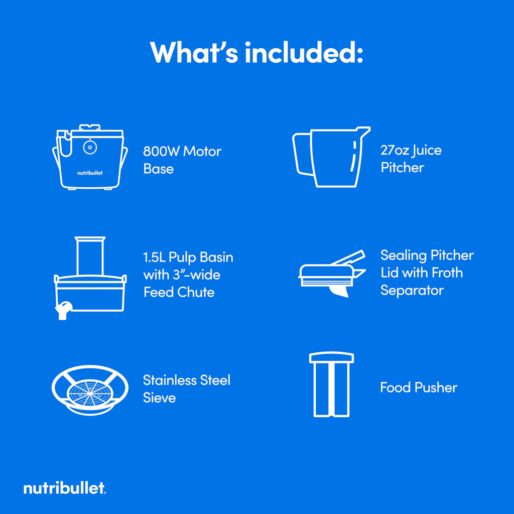 nutribullet® Juicer, 800W Juicer, Large 3" Feed Chute for Whole Fruits and Vegetables, 27oz Juice Pitcher, .5L Pulp Container, Dual Speeds, BPA Free, Gray, NBJ50100