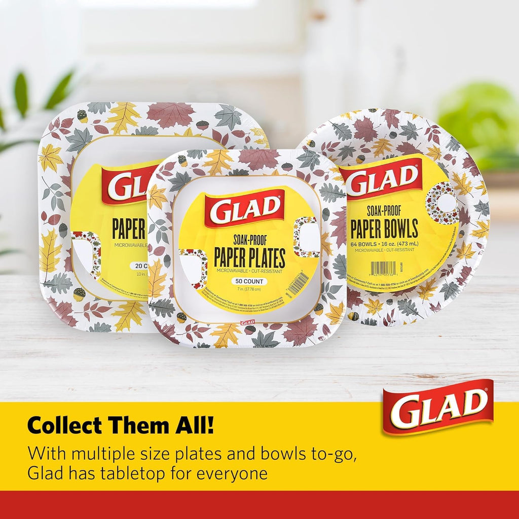 Glad Everyday Square Disposable Paper Plates with Falling Foliage Design, Small | Cut-Resistant, Microwavable Paper Plates for All Foods & Daily Use | 7 Inches, 50 Count - 12 Pack