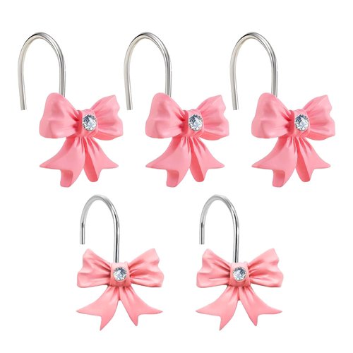 Pink Bow Shower Curtain Hooks with Shining Diamond, Cute Bathroom Decor, Set of 12 Girly Decorative Bowknot Rings, Heavy Duty, Anti Corrosion