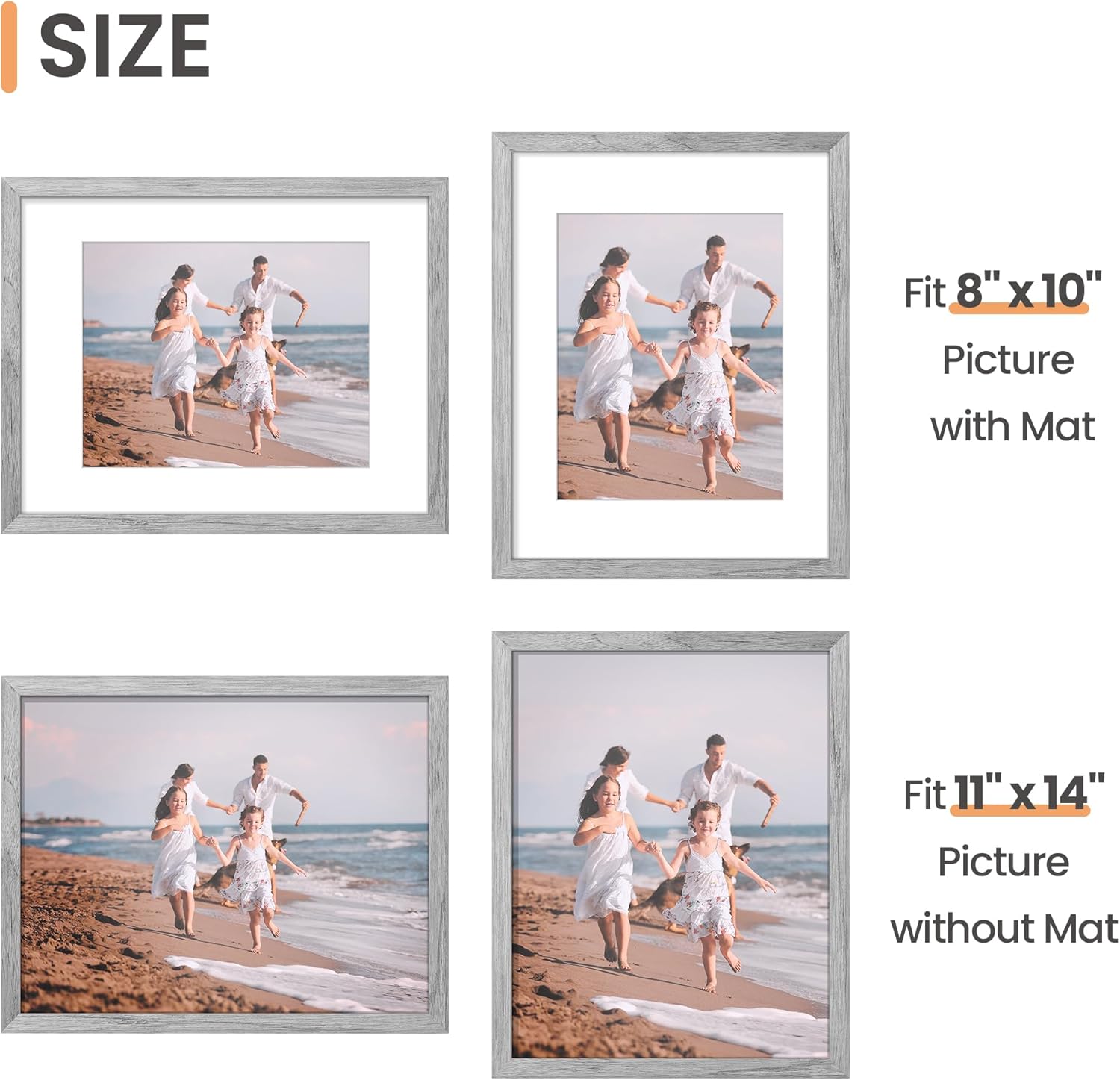 Upsimples 11x14 Picture Frame - Display 8x10 Photos with Mat or 11x14 Without | Gray, 1 Pack