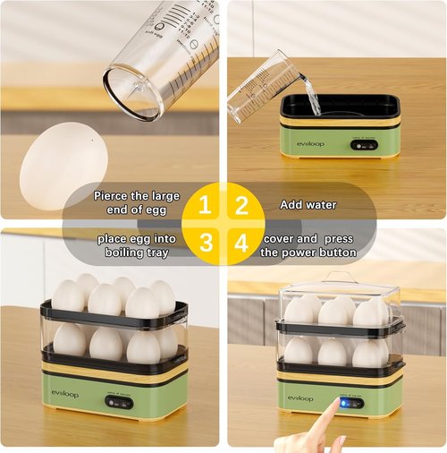 Evoloop Electric Egg Cooker - Rapid 12 Egg Capacity for Soft, Medium, Hard Boiled & Poached Eggs - BPA Free Green