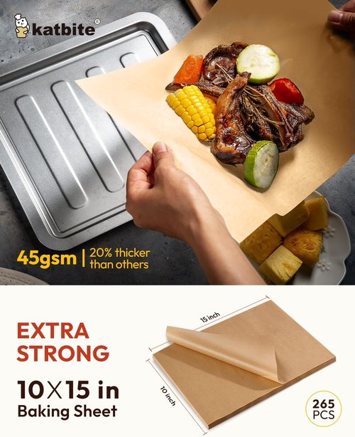 Katbite Heavy Duty Unbleached Parchment Paper Sheets - 265 Pcs, 10x15 Inches, Oil Proof for Baking & Cooking