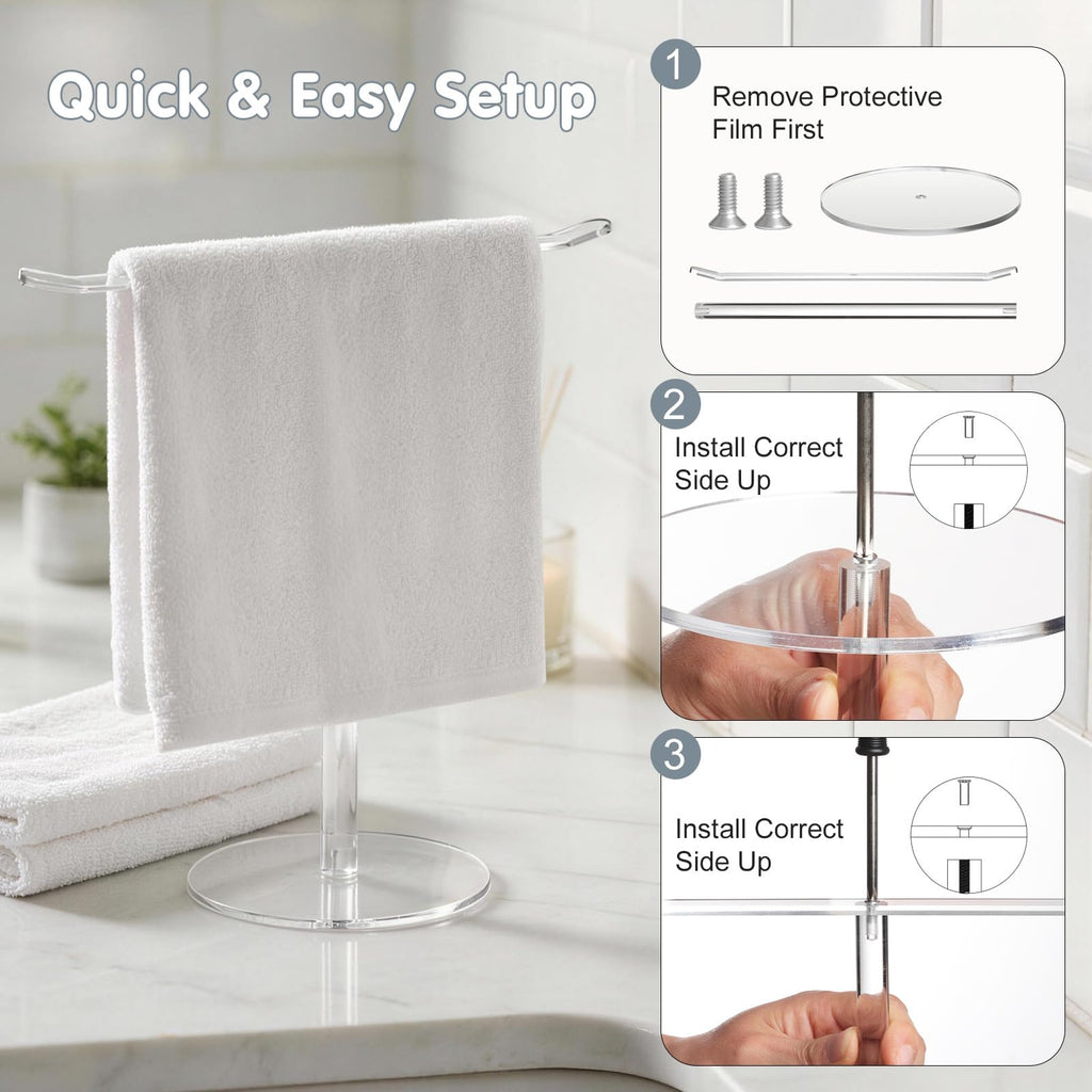 NutroLab Clear Acrylic Hand Towel Holder Stand, T-Shape Free-Standing Towel Rack for Bathroom & Kitchen, Modern Minimalist Design, Simple Assembly, Countertop Organizer