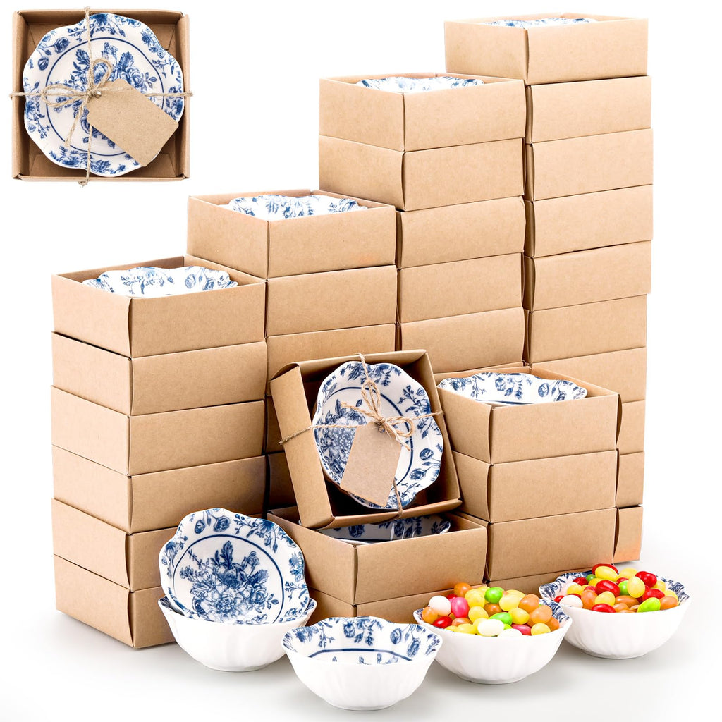 SiliFine 48 Pcs Wedding Favors for Guests Small Ceramic Bowl Bulk Gifts Set 3.3 Inch Floral Design Mini Dipping Sauce Dish with Card Box for Bridal Pooja Baby Shower Birthday (Flower,Blue)