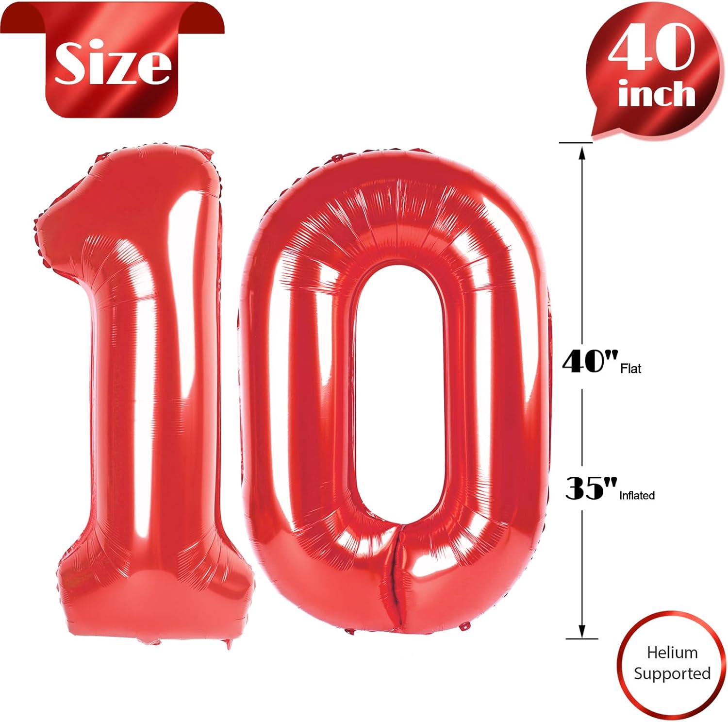 Red Number 10 Balloon - 40 Inch Giant Birthday Decoration for 10th Birthday Party Supplies