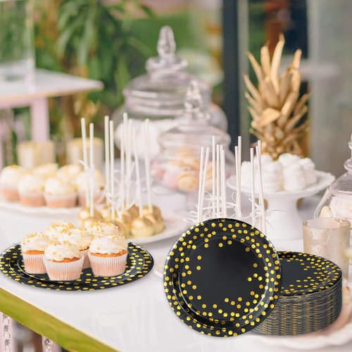qonimi 50 Pcs Black and Gold Paper Plates 7 Inches Gold Foil Dot Disposable Dessert Party Paper Plates Party Supplies for Birthday Graduation Wedding Holiday Christmas