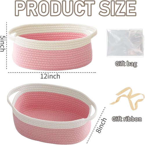 JMvicyroam Woven Storage Baskets - Small Rope Organizer with Handles for Shelves & Closets | White & Pink (3 Pack)