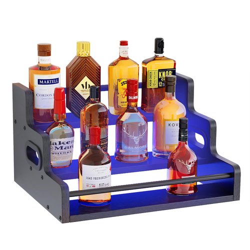 Liquor Bottle Display Shelf, LED Wine Bottle Display Rack with Remote Control, 3-Tier Bar Shelf Stand, Whiskey Spirits Wine Holder for Tavern, Liquor Cabinet, Coffee Syrup Rack for Home(Black)