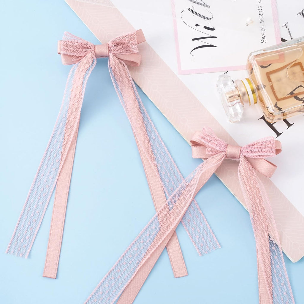 Skiennix Pink Lace Hair Bows - Cute Coquette Bow Clips with Long Tail Ribbons for Women | Perfect for Weddings & Events