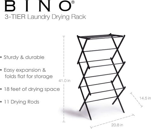 BINO 3-Tier Collapsible Drying Rack - Black | Foldable & Portable for Indoor/Outdoor Use | Space-Saving Clothes Dryer