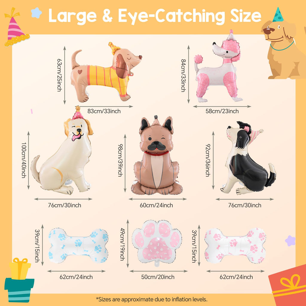 8 PCS Large 3D Standing Dog Balloons (32–40 in) – Puppy Foil Balloons for Dog Birthday Party & Pet Theme Baby Shower, Includes Dogs, Bone & Paw