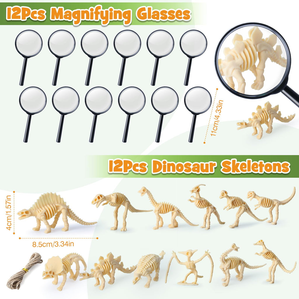 SNLN 12 Sets Dinosaur Party Favors for Kids Birthday, Magnifying Glasses Luminous Keyring Dino Egg Sticker Dino Party Supplies with Skeleton Toy Silicone Bracelet Gift Bag Dino Theme Stuffer Fillers