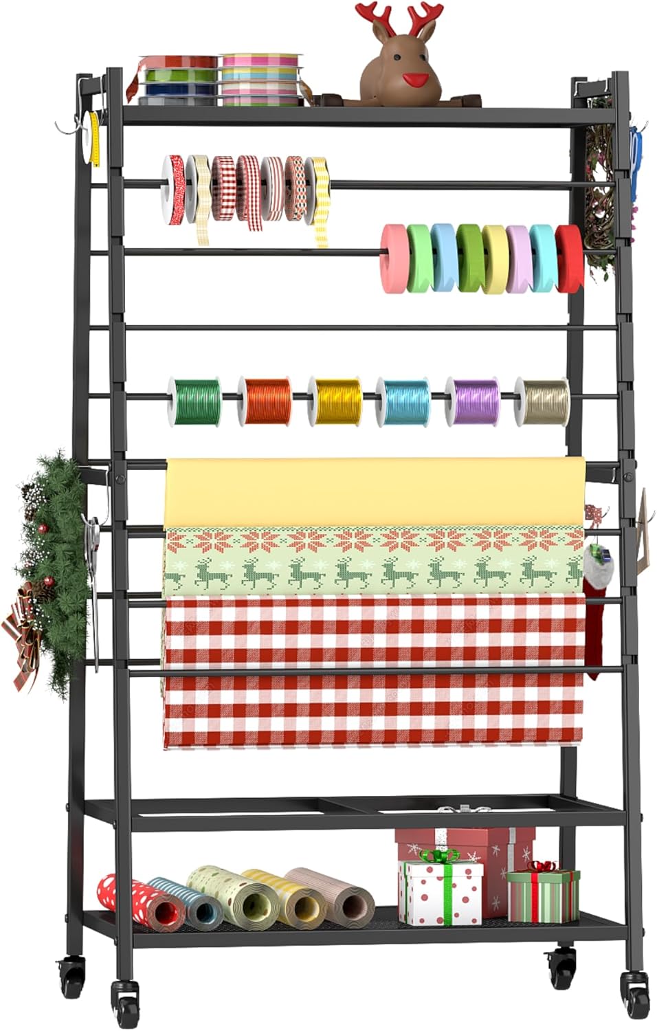 Skiennix Ribbon Organizer - Double-Sided Rolling Rack for Large Capacity Gift Wrap Storage