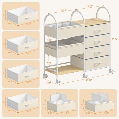 ONWAYHOME Baby Organizer and Storage Cart, 4-Tier Rolling Utility Cart with Wheels, Dividers and Drawers, Easy to Assemble for Nursery, Bedroom & Changing Table, White