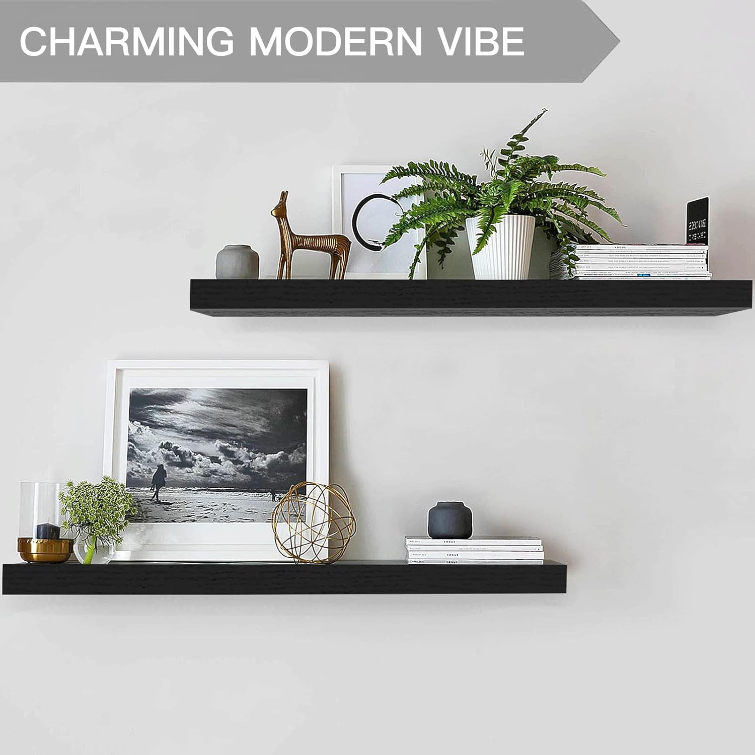 QEEIG Floating Wall Shelves - Stylish 35.4" Long Set of 2 for Bathroom, Kitchen, Living Room | Black Home Decor