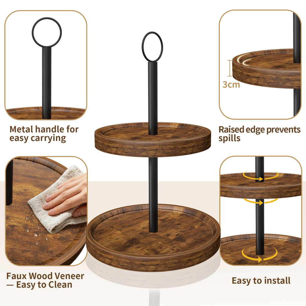 Tiered Tray Stand, Rustic Two Tier Decorative Tray with Metal Handle, Farmhouse 2 Tier Serving Tray, Round Cake Cupcake Stand for Coffee Bar Home Party Decor Holiday Housewarming Gifts(1-Pack)