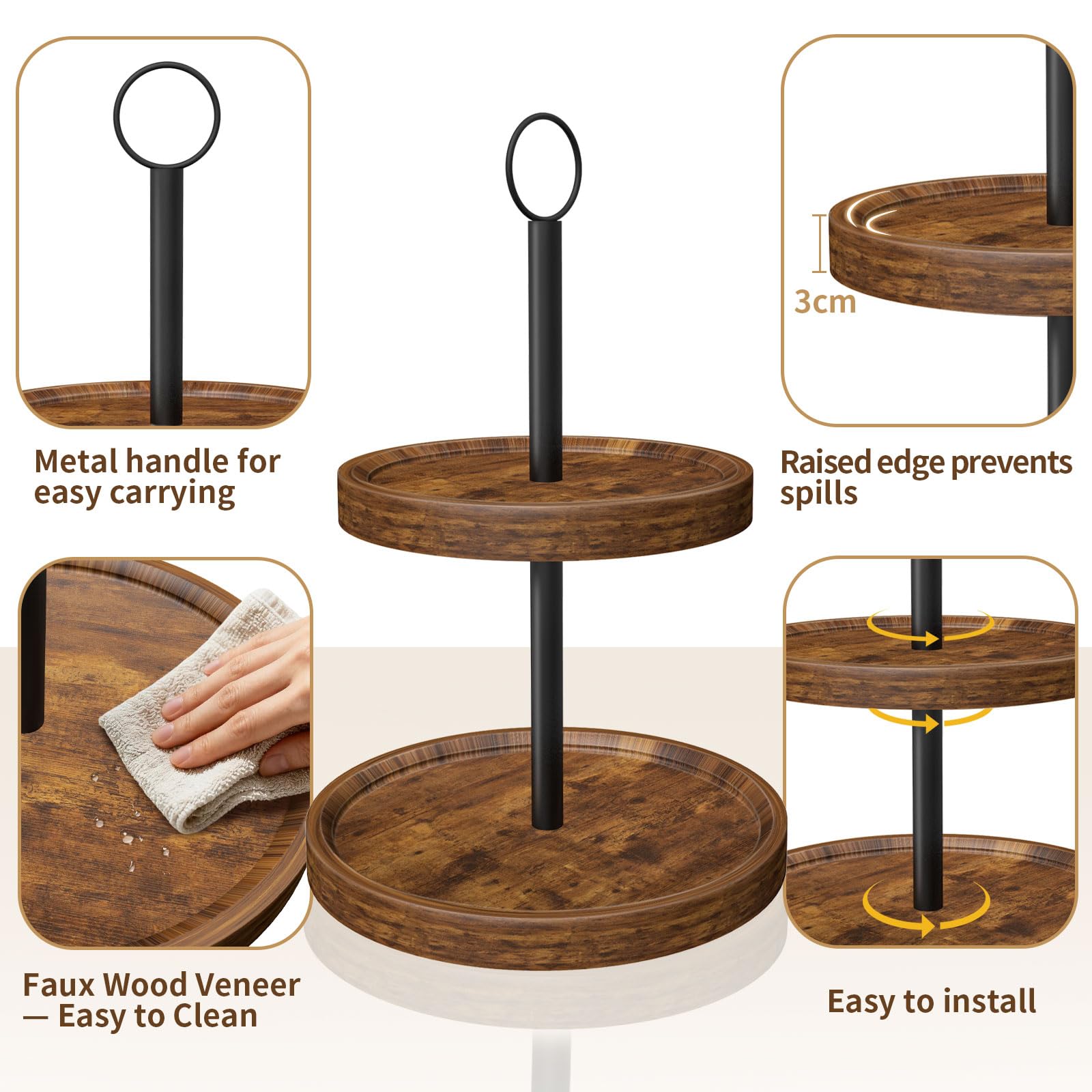 Tiered Tray Stand, Rustic Two Tier Decorative Tray with Metal Handle, Farmhouse 2 Tier Serving Tray, Round Cake Cupcake Stand for Coffee Bar Home Party Decor Holiday Housewarming Gifts(1-Pack)