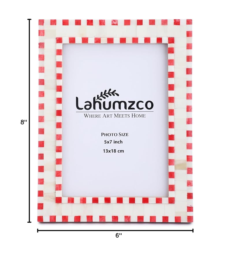Bone-Inlay 5x7 Photo Frame with Red Checkered Pattern - Tabletop/Wall Decor, Handmade