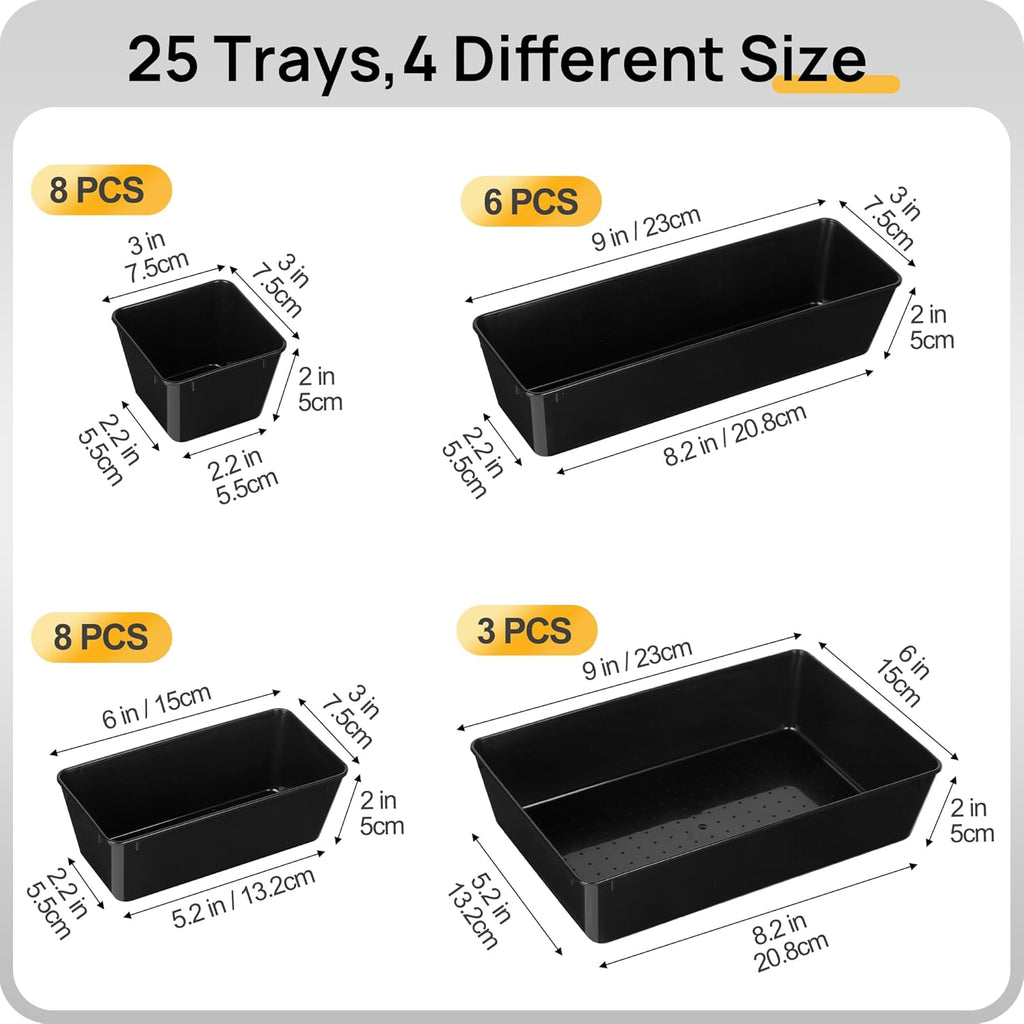 Vtopmart 25 PCS Desk Drawer Organizer Set - Versatile Plastic Storage Bins for Office & Bathroom - Black