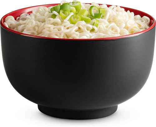 KooK Ramen Bowl - Large Ceramic Noodle Bowl Set | Microwave & Dishwasher Safe, 34 oz, Black/Red - Perfect for Ramen, Pho, Udon, Soba
