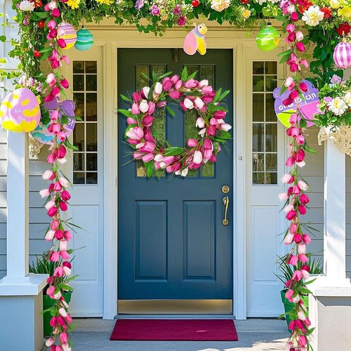 6.56FT Artificial Tulip Garland Spring Garland Easter Christmas Decorations with Flower Green Leaves Hanging Vines for Wall Home Wedding Indoor Outdoor Decor