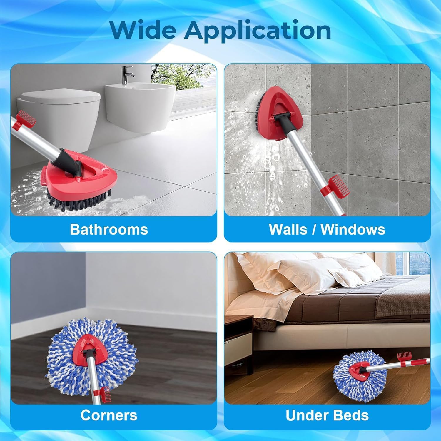 Fatmass Spin Mop Head and Brush Replacement Compatible with O Cedar EasyWring 1-Tank System, 4 Mop Replace Heads, 1 Handle, 1 Base and 1 Scrub Brush Combo Set