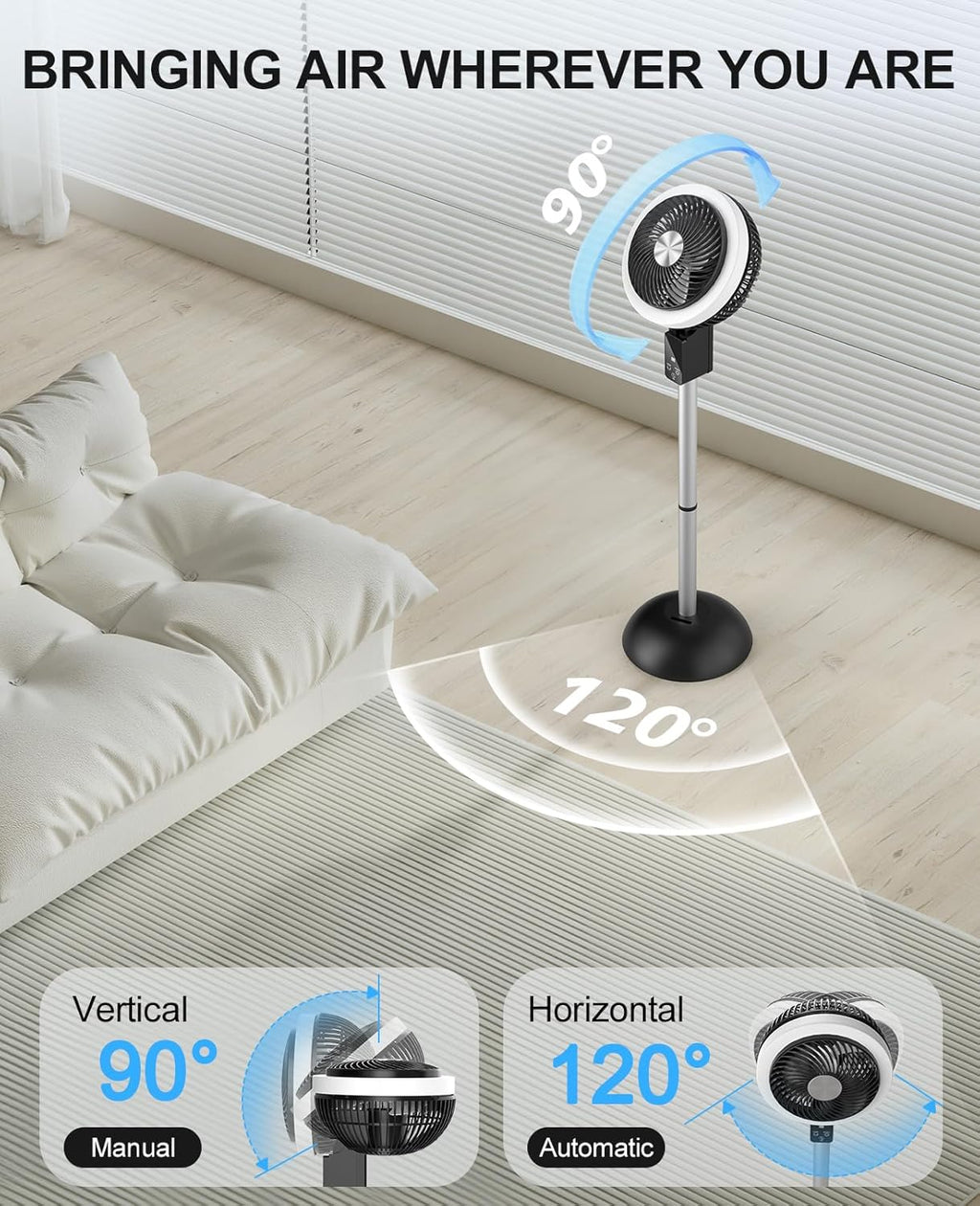 Skiennix Portable Standing Fan - 10000mAh Rechargeable Battery | 8 Speeds, 90° Oscillation, Adjustable Height