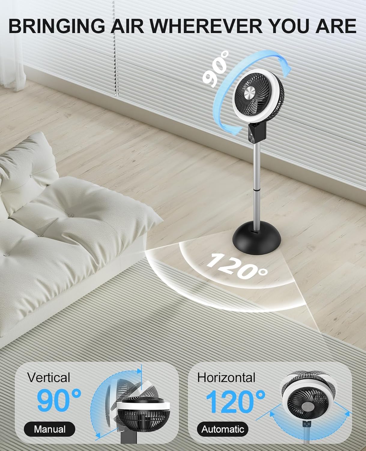 Skiennix Portable Standing Fan - 10000mAh Rechargeable Battery | 8 Speeds, 90° Oscillation, Adjustable Height