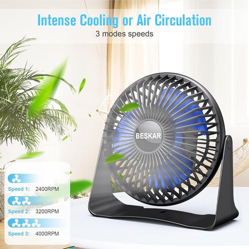 BESKAR Portable USB Desk Fan - 3 Speed Quiet Operation with 360° Rotation | Ideal for Home & Office