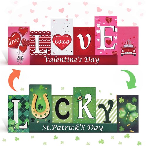 Shaxcoq Valentine Decorations for Home & Valentines Day Decor, St. Patrick's Day Decorations – Double-Sided Tabletop Wooden Sign, Farmhouse Centerpieces for Table, Desk, Mantel, Fireplace Indoor