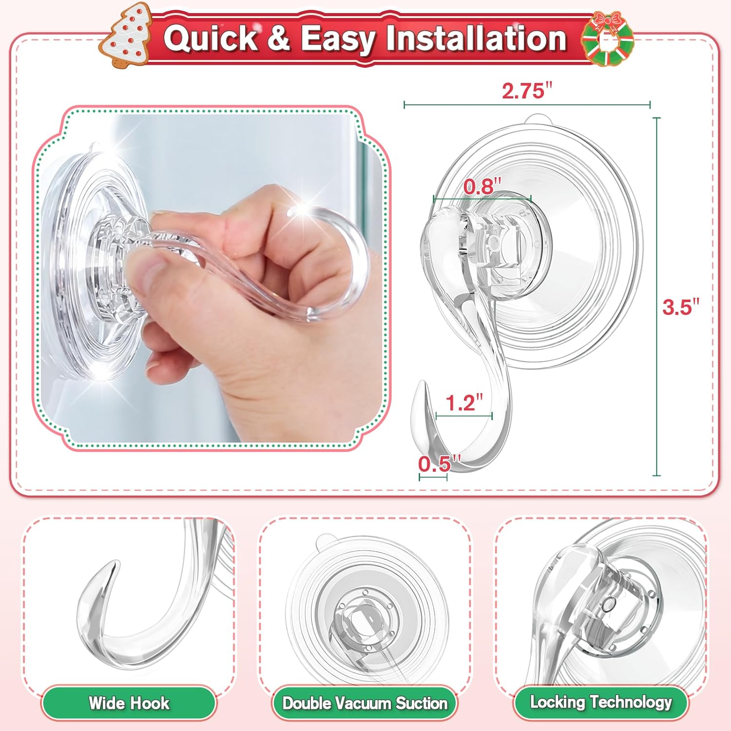 VIS'V Wreath Hanger - Heavy Duty Suction Cup Hooks | 22 LB Capacity, Removable & Reusable, Clear, 2 Pcs